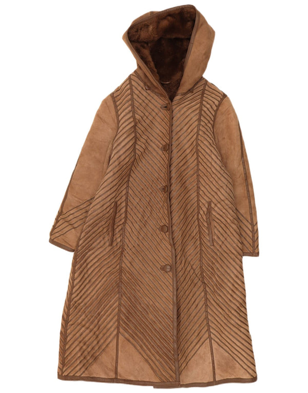 Cappotto in shearling con cappuccio da donna vintage UK 14 a righe beige medio