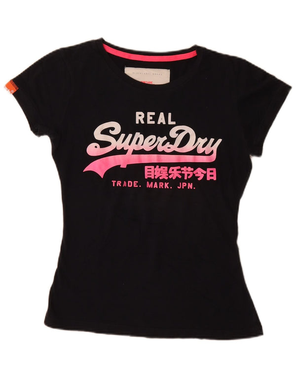 Superdry grafisk T-shirt top til kvinder UK 6 XS Sort bomuld