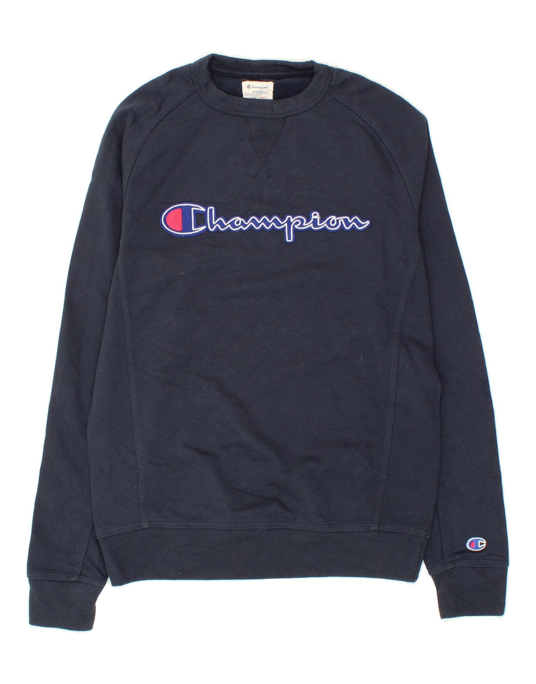 CHAMPION Mens Graphic Sweatshirt Jumper Small Navy Blue Cotton Vintage Champion and Second-Hand Champion from Messina Hembry 