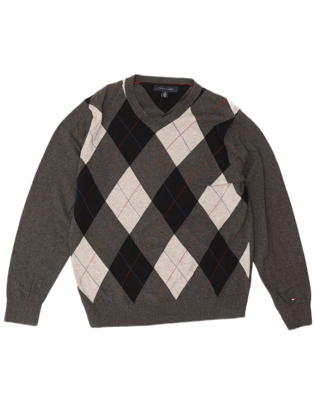 Tommy Hilfiger Mens V-Neck Jumper Sweater Medium Grey Argyle/Diamond Cotton