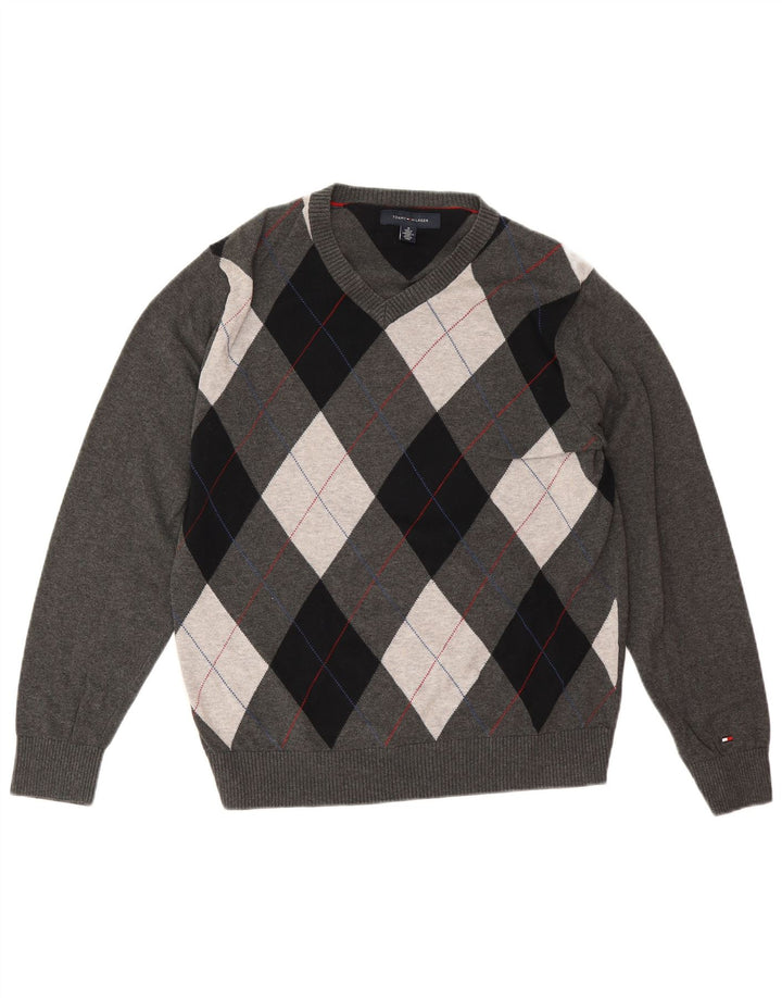 Tommy Hilfiger Mens V-Neck Jumper Sweater Medium Grey Argyle/Diamond Cotton