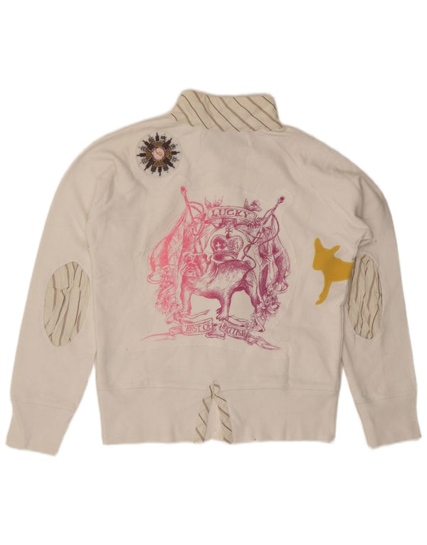 vintage Femme Graphique Survêtement Top Veste UK 16 Grand Coton Blanc
