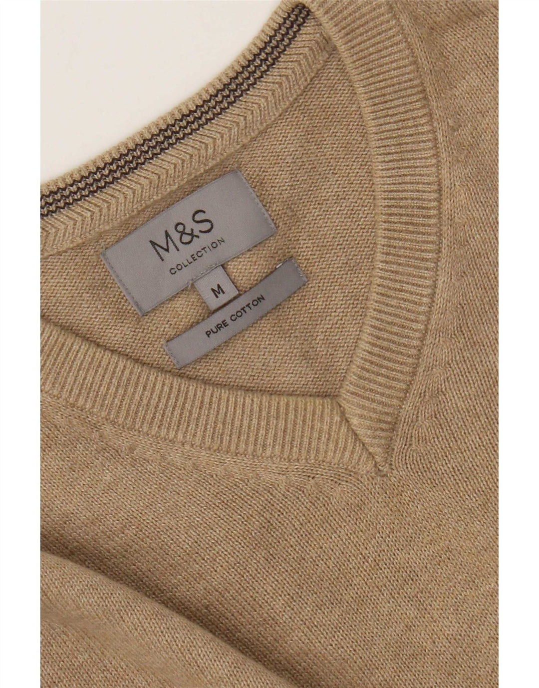 Marks & Spencer Herren-Pullover mit V-Ausschnitt, mittelbeigefarbene gesprenkelte Baumwolle
