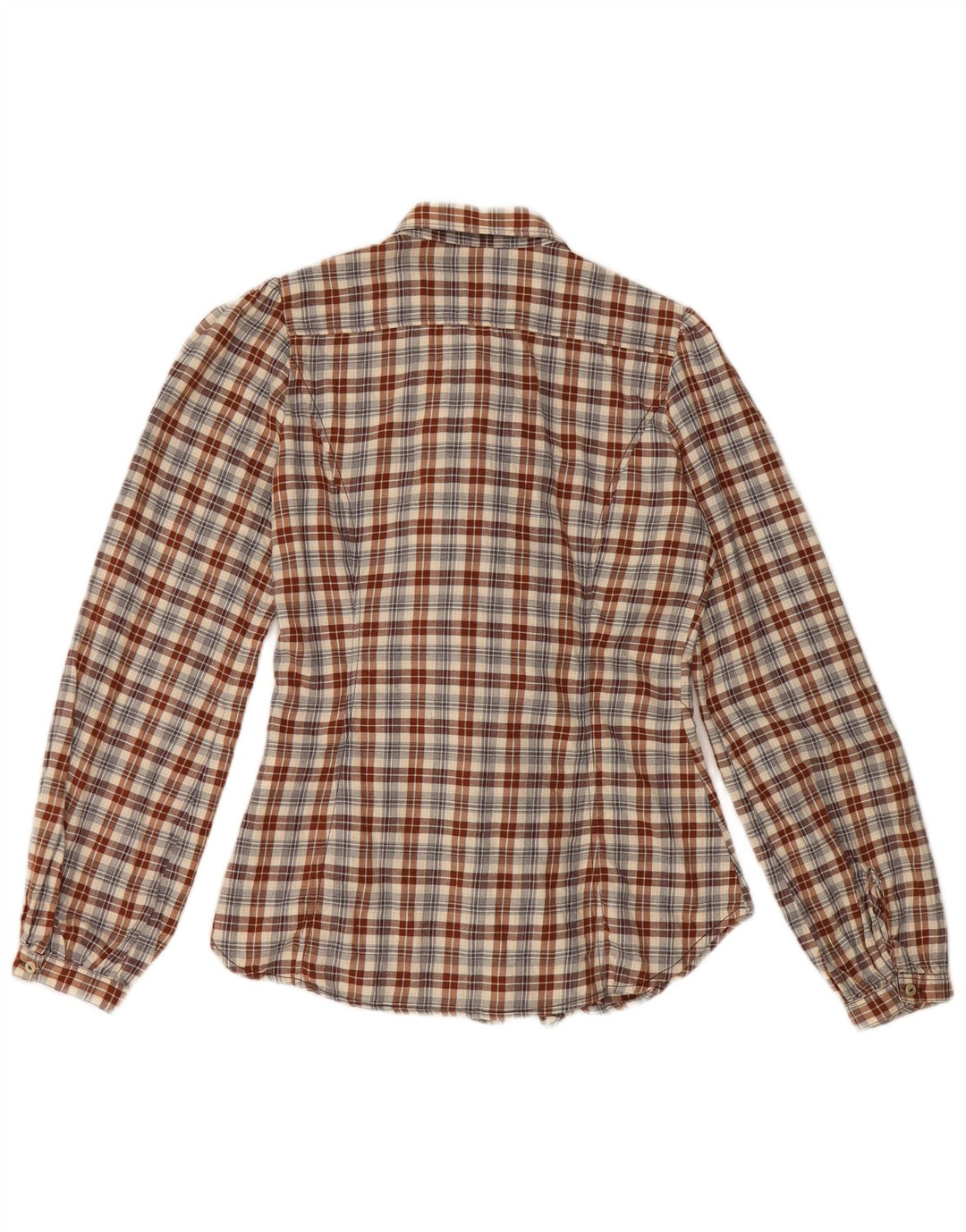 Marlboro Classics Womens Ruffle Front Shirt IT 38 XS Brown Check Cotton