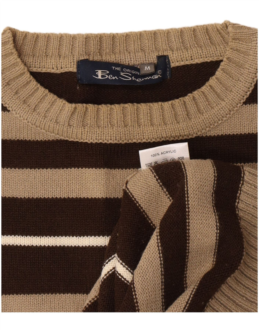 Ben Sherman Mens Crew Neck Jumper Sweater Medium Brown Striped Acrylic