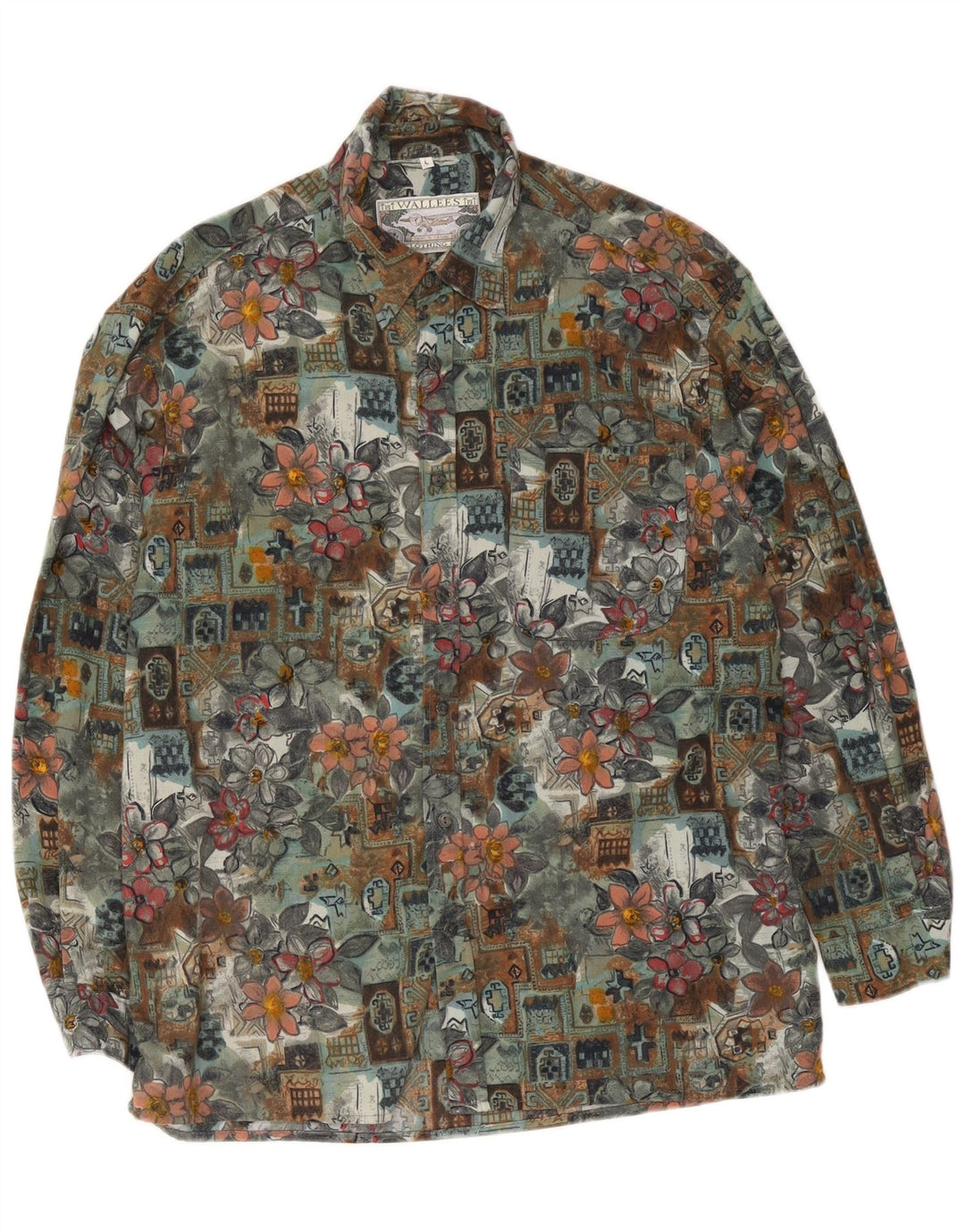 Wallees Mens Shirt Large Green Floral Polyester