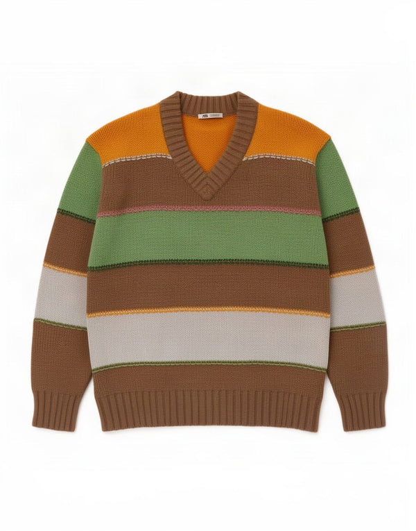 Maglione Zara da uomo con scollo a V in cotone a righe multicolore medio