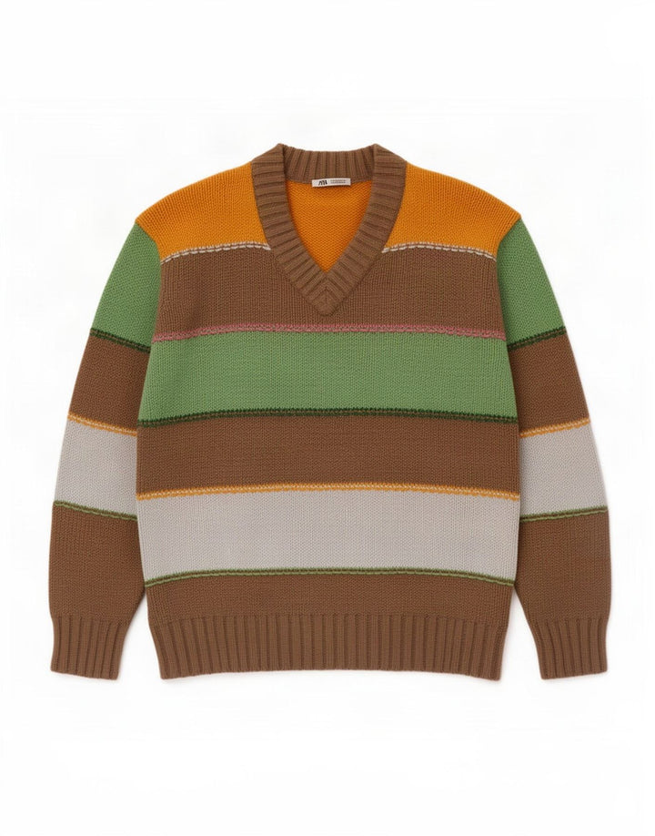Maglione Zara da uomo con scollo a V in cotone a righe multicolore medio