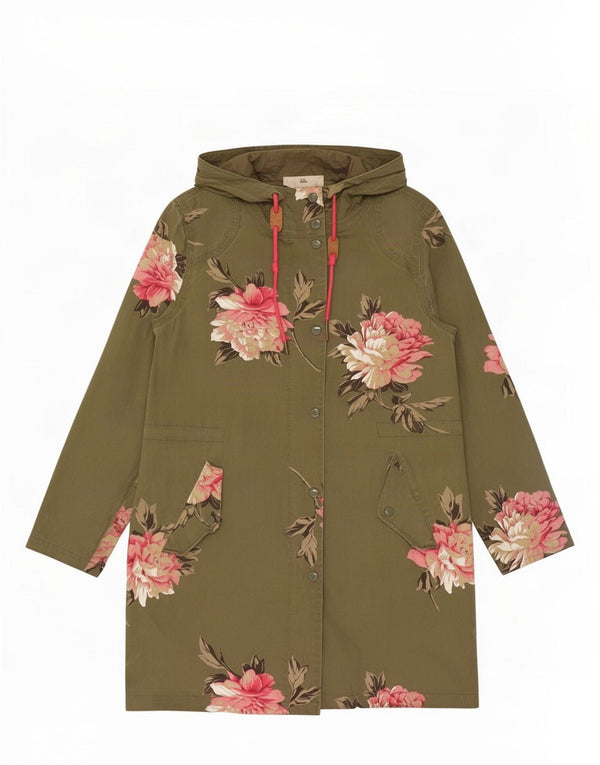 Capa de chuva feminina com capuz Joules UK 12 algodão floral cáqui médio