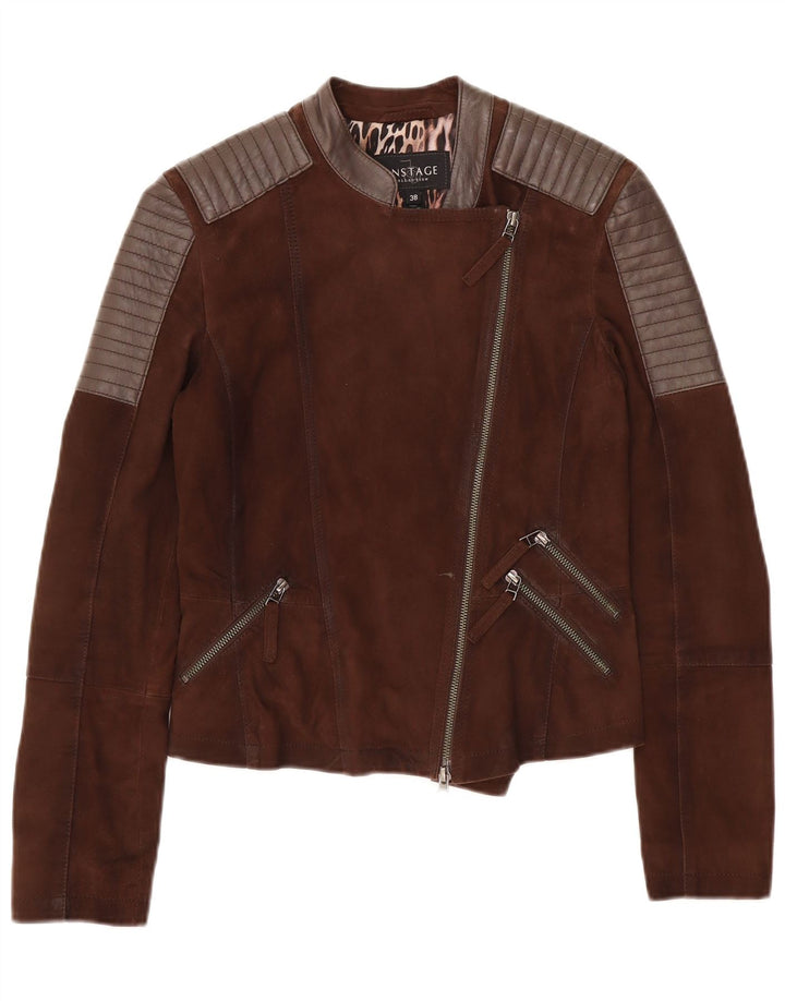 On Stage Womens Læder Biker Jacket IT 38 XS Brun Colourblock Læder