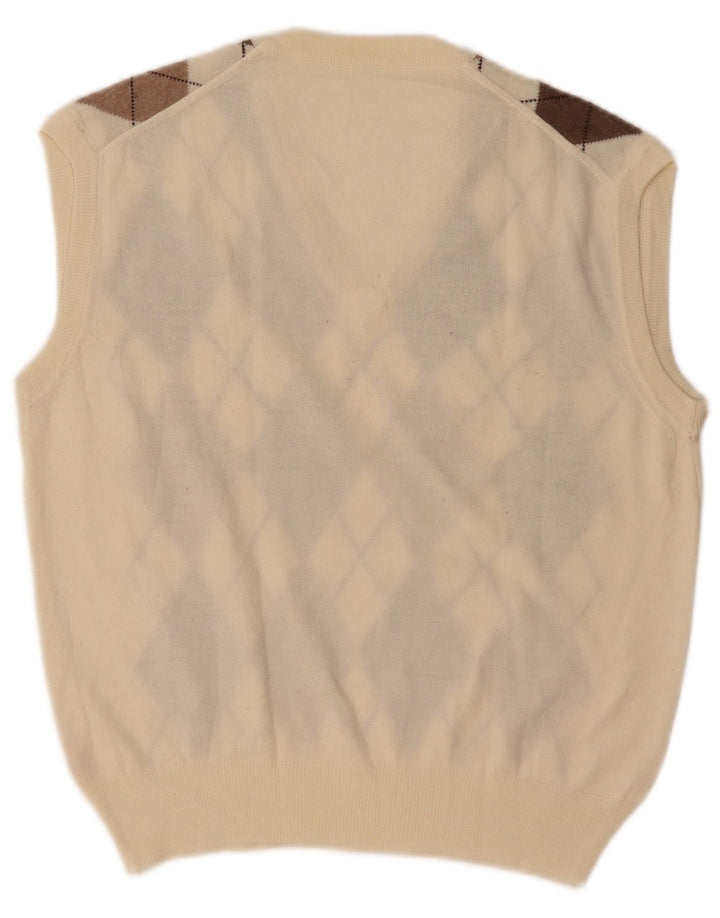 VINTAGE Mens Vest Tank Top Medium White Argyle/Diamond Wool
