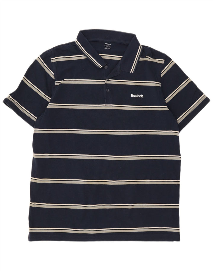 Reebok Mens Polo Shirt Large Navy Blue Striped Cotton