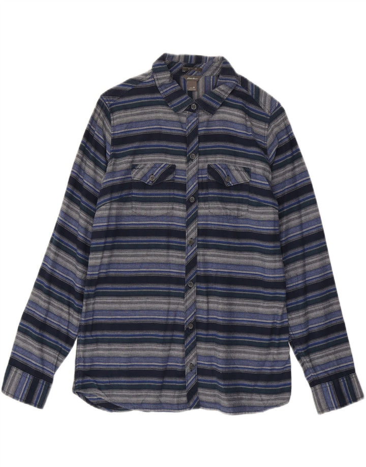 EDDIE BAUER Womens Flannel Shirt UK 14 Medium Navy Blue Striped