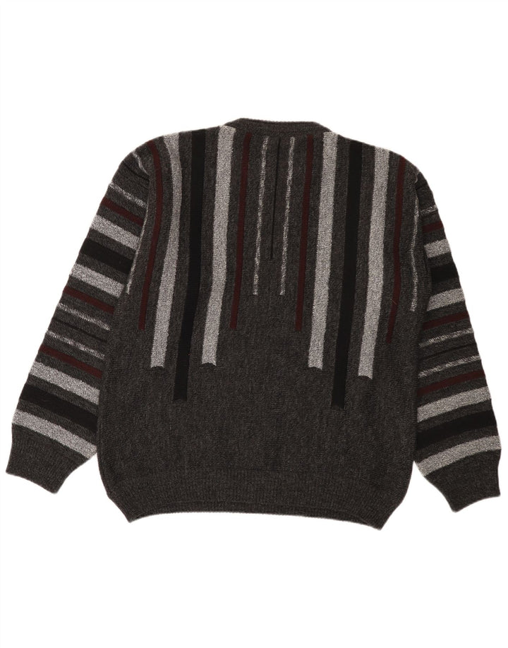 Alessandro Magno Mens Crew Neck Jumper Sweater Medium Grey Striped Acrylic