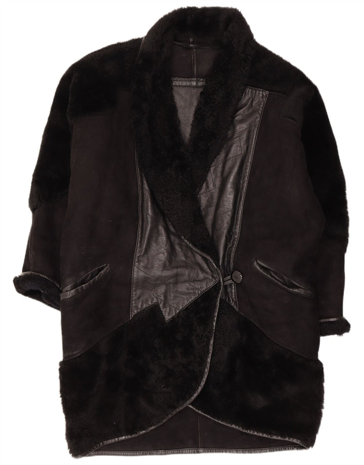 Vintage Damen Shearling Mantel UK 18 XL Schwarz