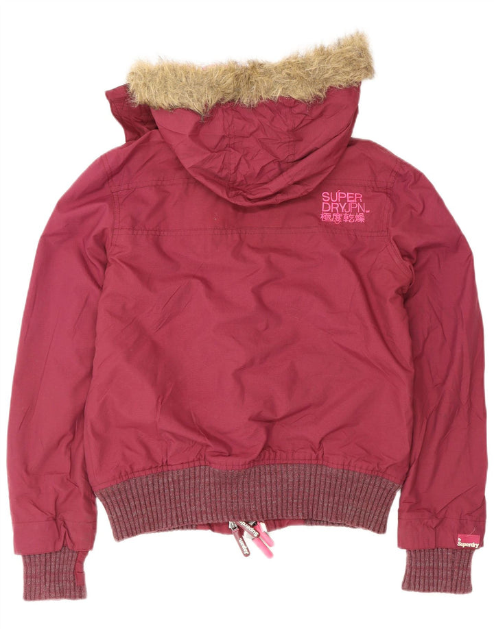 Superdry Womens Hooded Bomber Jacket UK 14 Medium Burgundy Polyester