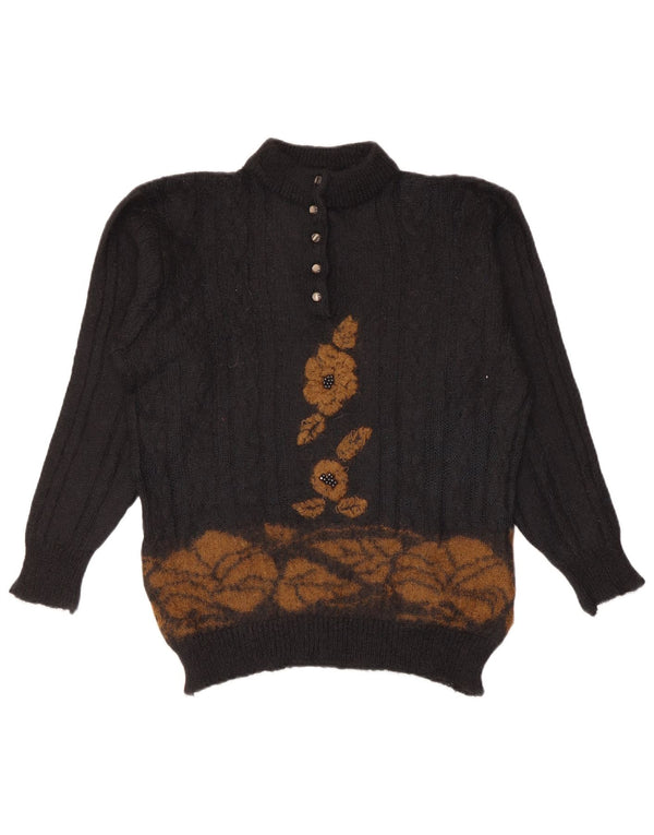 Maglione da donna vintage con collo a bottoni, UK 16, grande mohair floreale nero