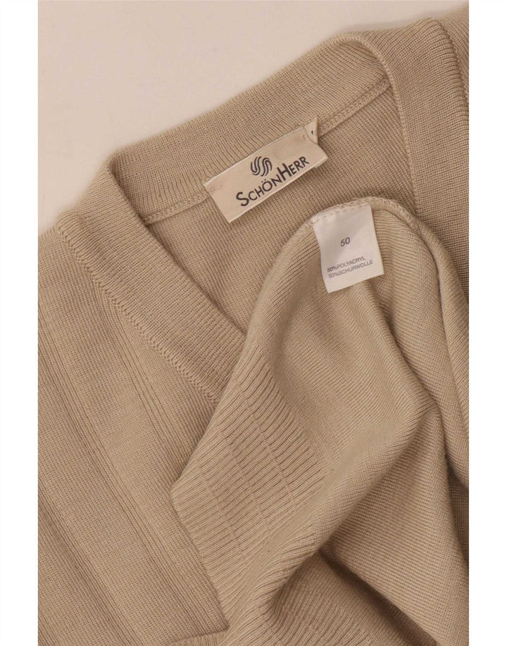 Vintage Mens V-Neck Jumper Sweater IT 50 Medium Beige Striped Polyacrylic