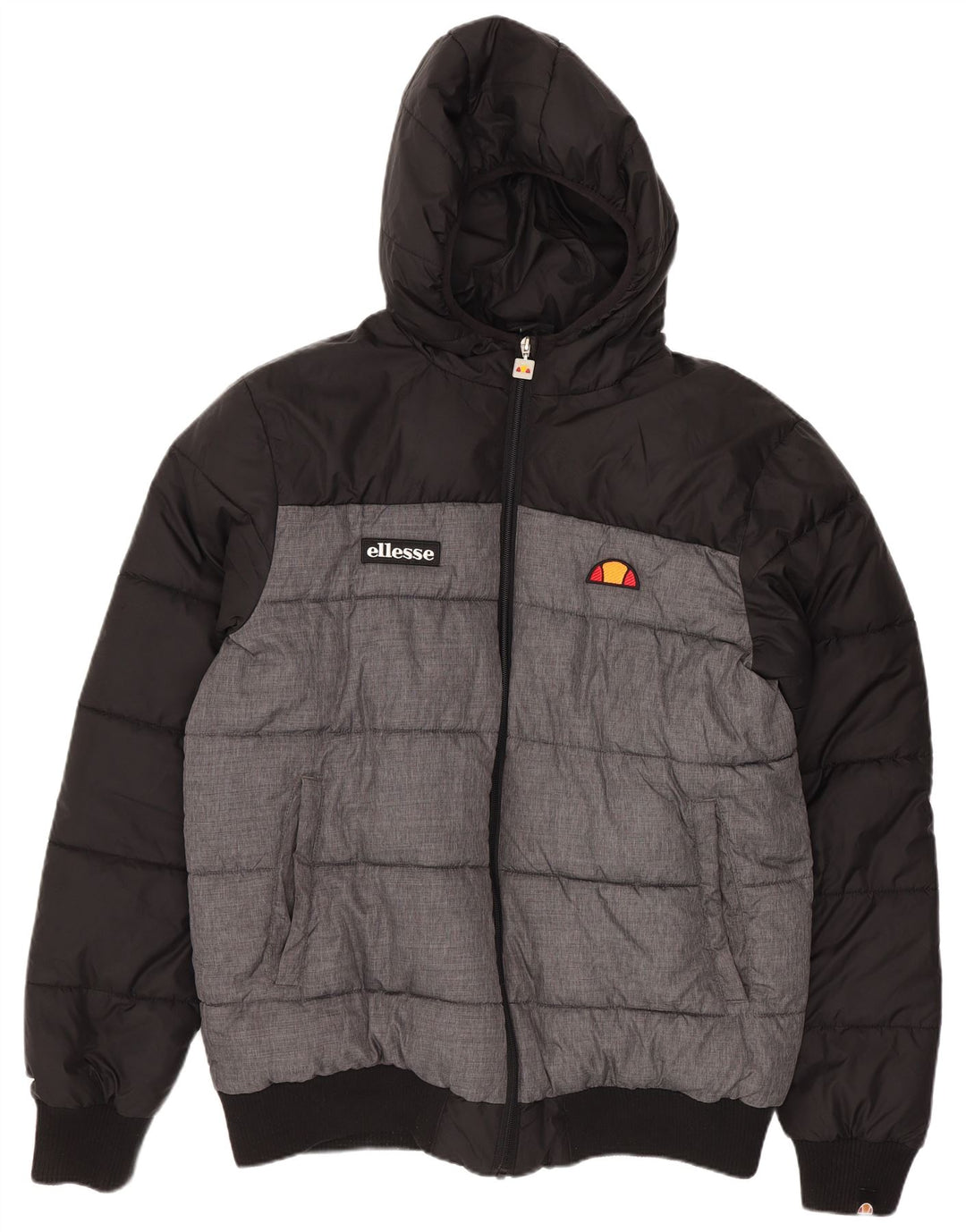 Ellesse wattierte Herrenjacke mit Kapuze, UK 40, groß, schwarzes Colourblock-Polyamid