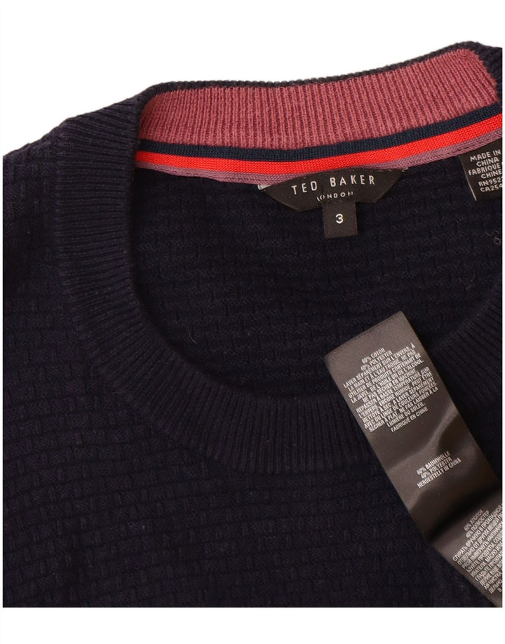 Suéter masculino Ted Baker com gola redonda, tamanho 3, algodão azul marinho médio