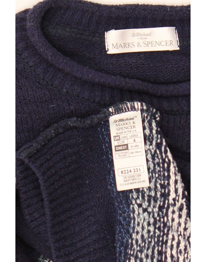 Marks & Spencer Mens Crew Neck Jumper Sweater Large Navy Blue Fair Isle
