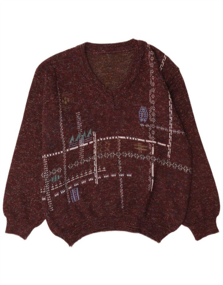Vintage Mens V-Neck Jumper Sweater IT 48 Medium Brown Geometric Polyacrylic