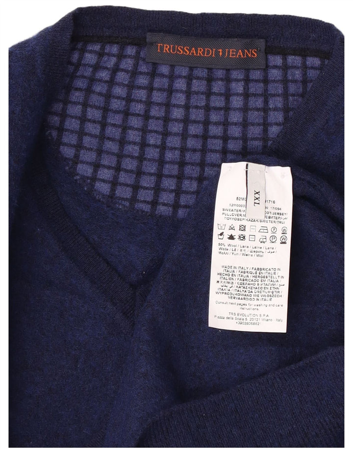 TRUSSARDI Herre V-hals sweater 2XL marineblå uld