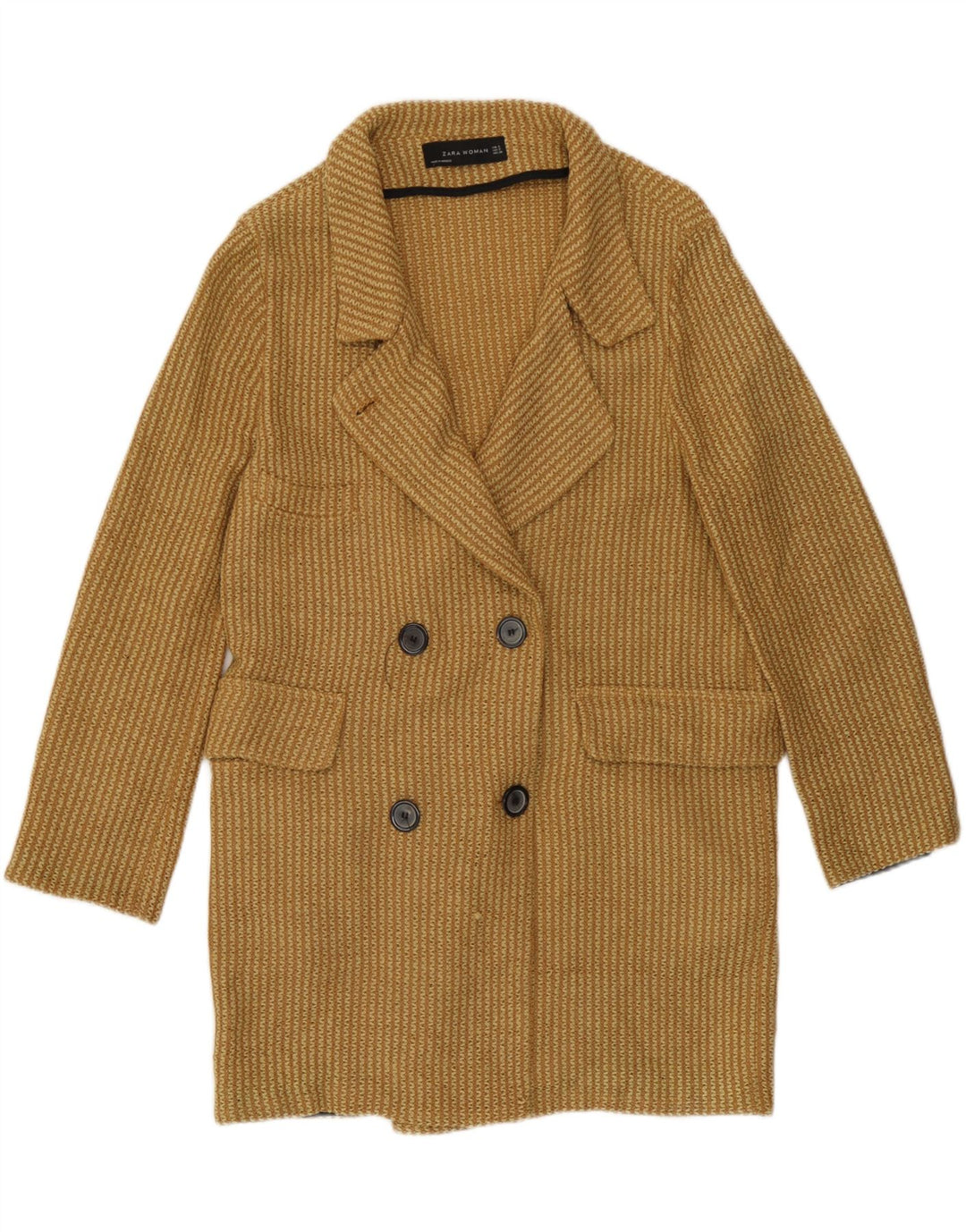 Zara Womens Knit Double Breasted Coat UK 10 Small Yellow Cotton