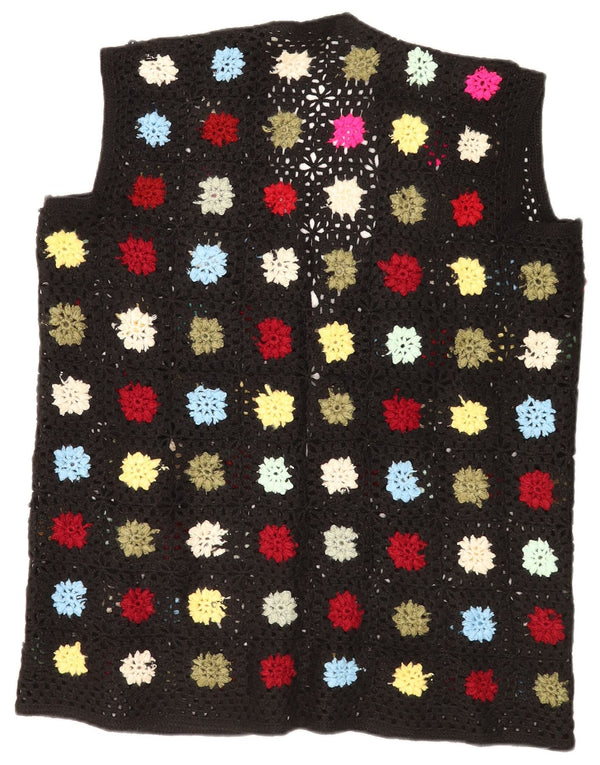 Vintage ærmeløs hæklet cardigan sweater til kvinder UK 16 Large Black Floral