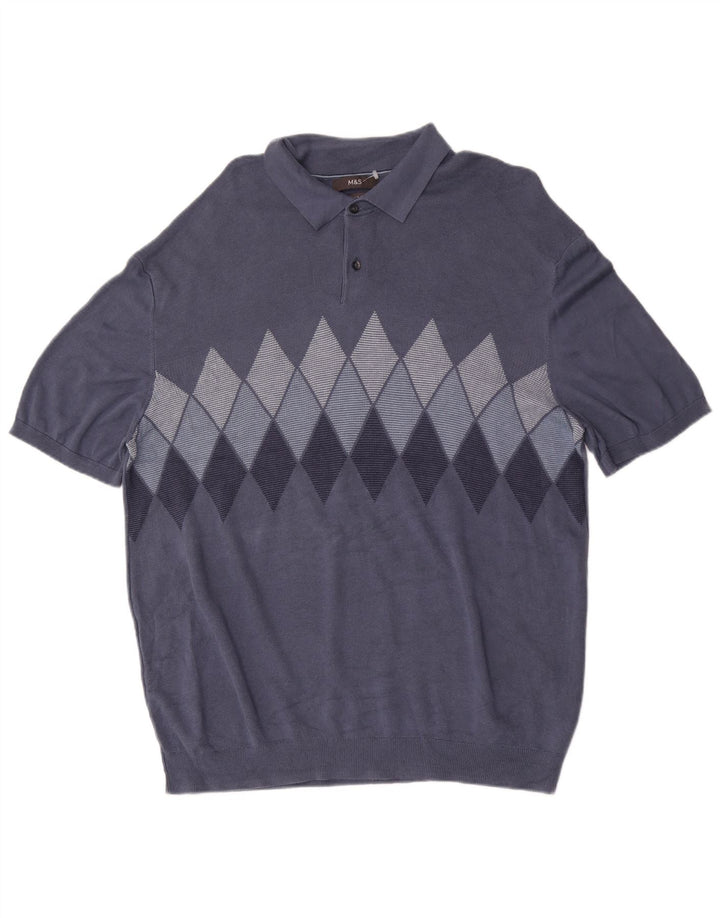 Marks & Spencer Mens Polo Neck Jumper Sweater 2XL Blue Argyle/Diamond
