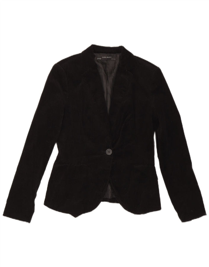 Zara Womens 1 Button Velvet Blazer Jacket UK 10 Small Black Cotton