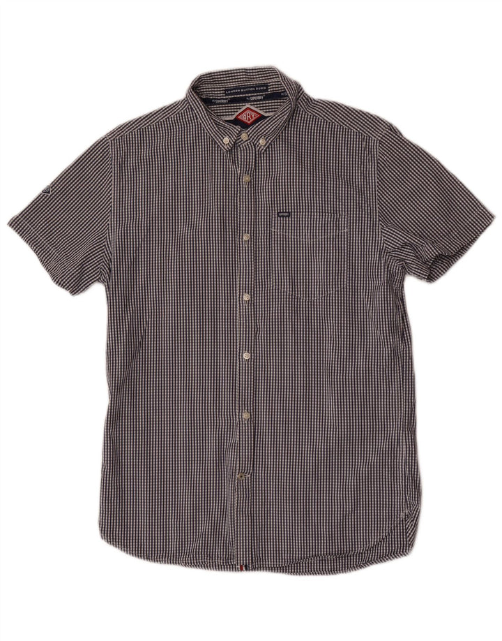 Superdry Mens Short Sleeve Shirt Large Navy Blue Gingham Cotton