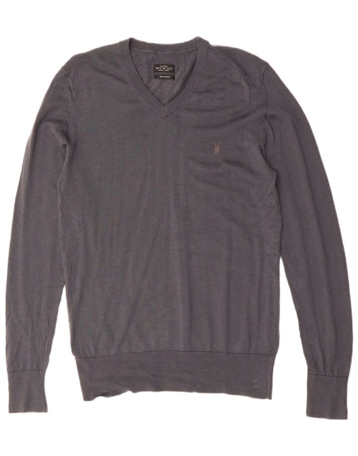 ALL SAINTS Mens V-Neck Jumper Sweater Medium Grey Merino Wool