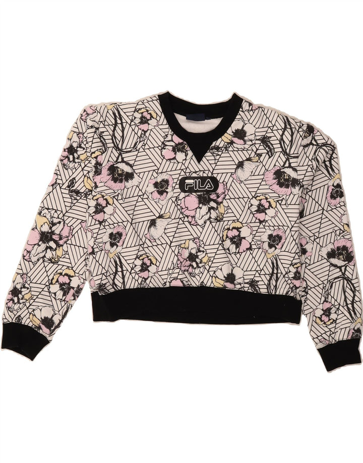 FILA Womens Crop Sweatshirt Jumper UK 16 Large White Floral Polyester Vintage Fila and Second-Hand Fila from Messina Hembry 