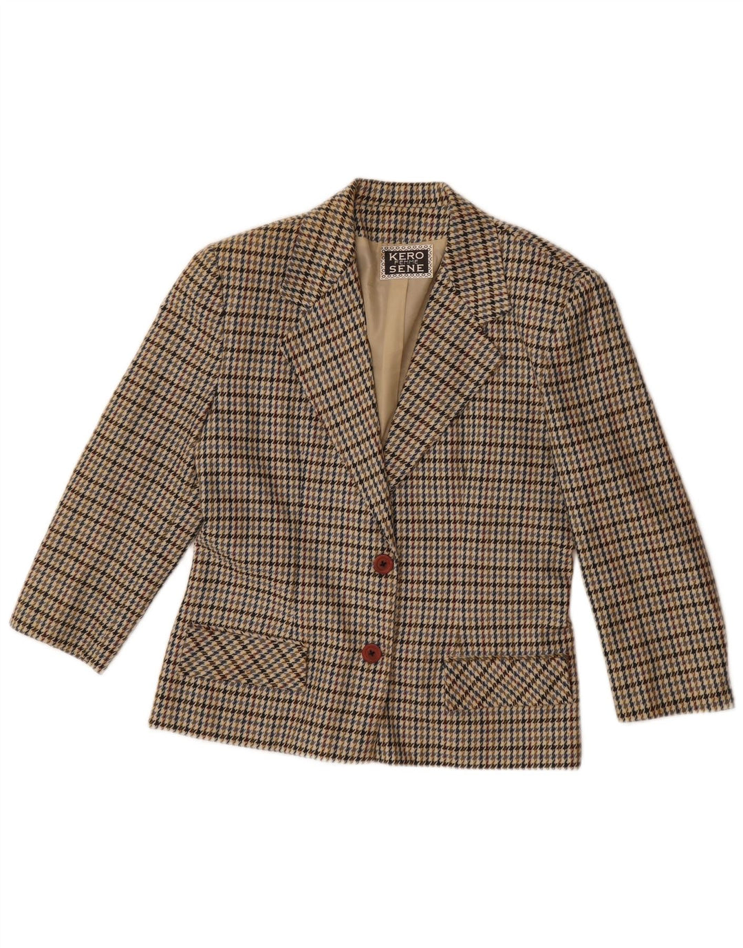 Vintage Damen 2-Knopf-Blazerjacke UK 14 Large Beige Houndstooth