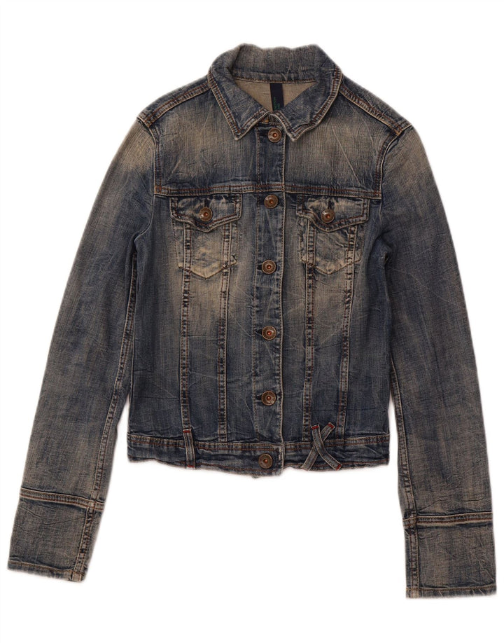 BENETTON Womens Crop Denim Jacket UK 10 Small Blue Cotton