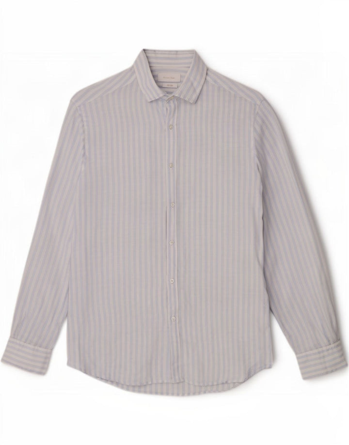 Massimo Dutti Mens Shirt Large Blue Pinstripe Linen