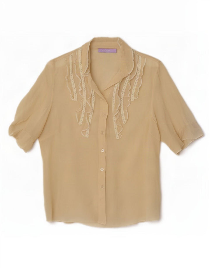 vintage Femme Manches Courtes Ruffle Front Shirt UK 12 Beige Moyen