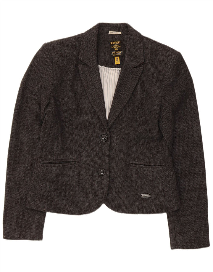 Superdry Womens 2 Button Blazer Jacket UK 14 Large Grey Herringbone Wool