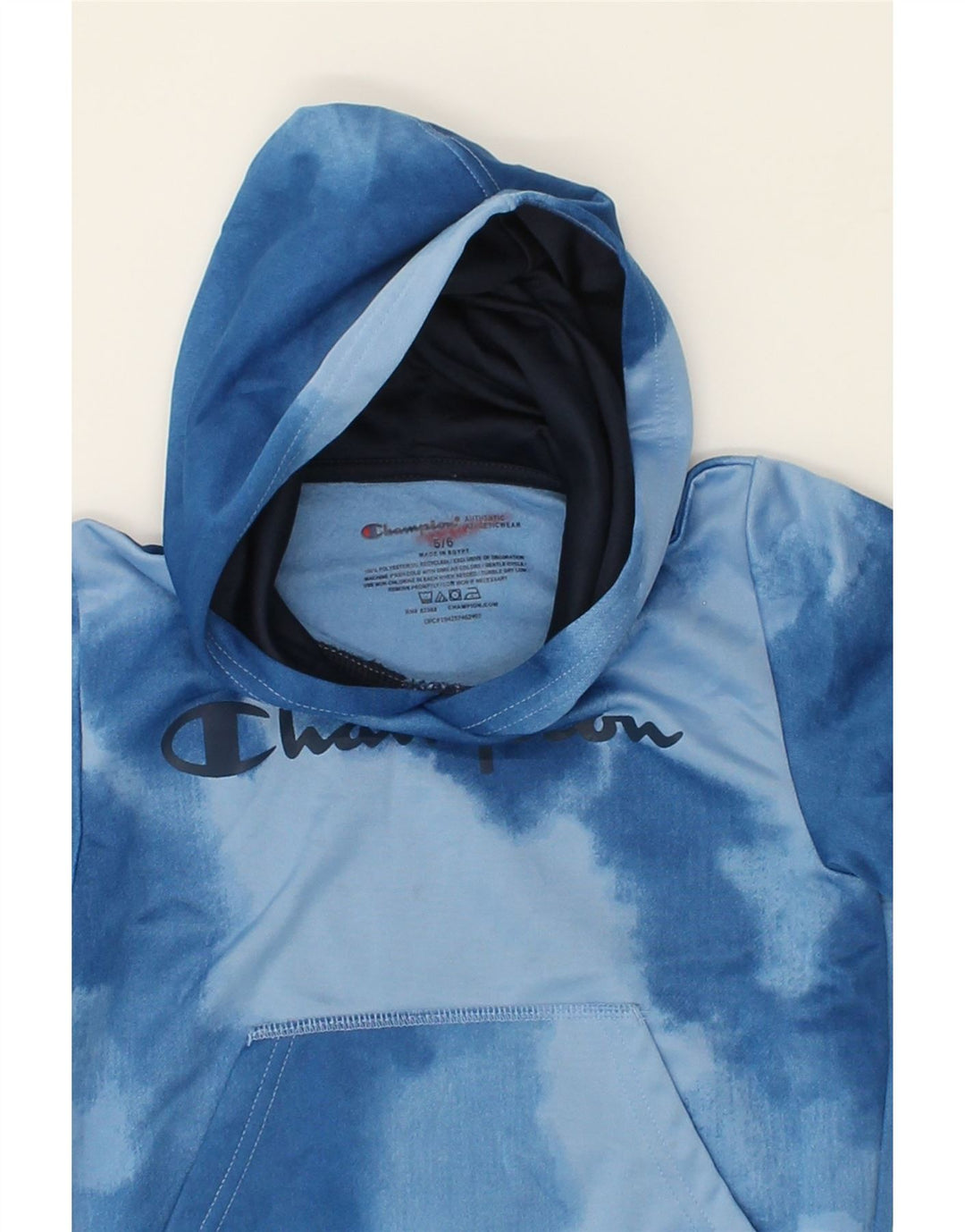 CHAMPION Boys Hoodie Jumper 5-6 Years Blue Tie Dye Polyester Vintage Champion and Second-Hand Champion from Messina Hembry 