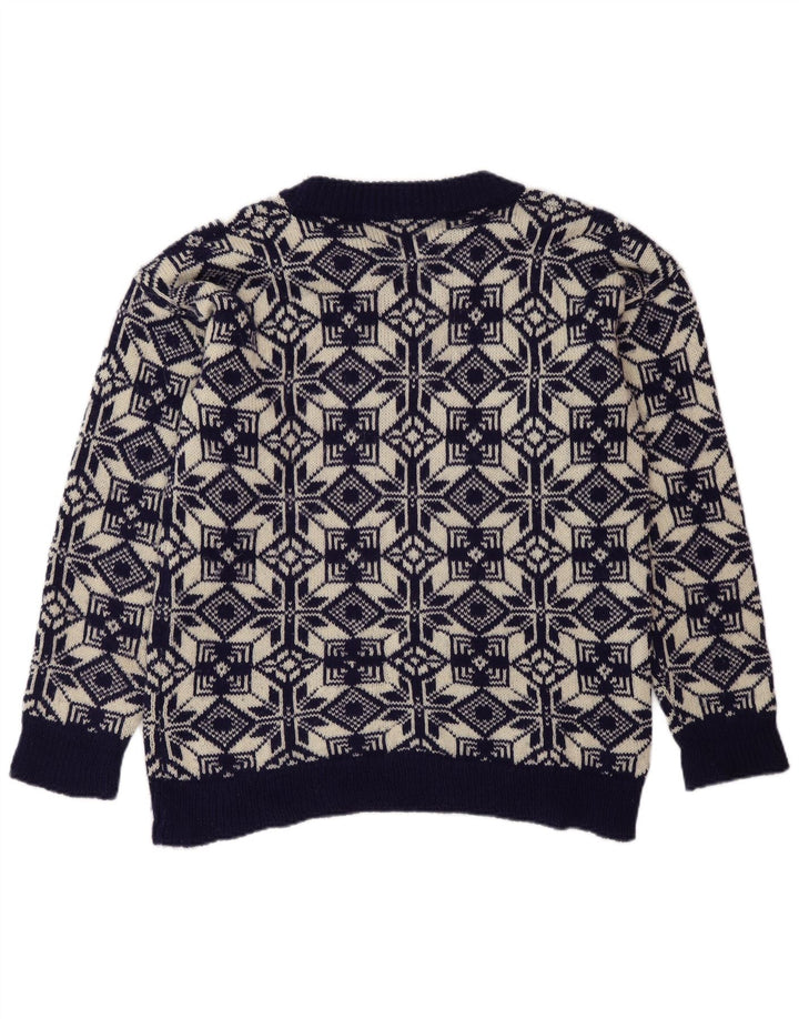Vintage Mens Crew Neck Jumper Sweater Medium Navy Blue Fair Isle