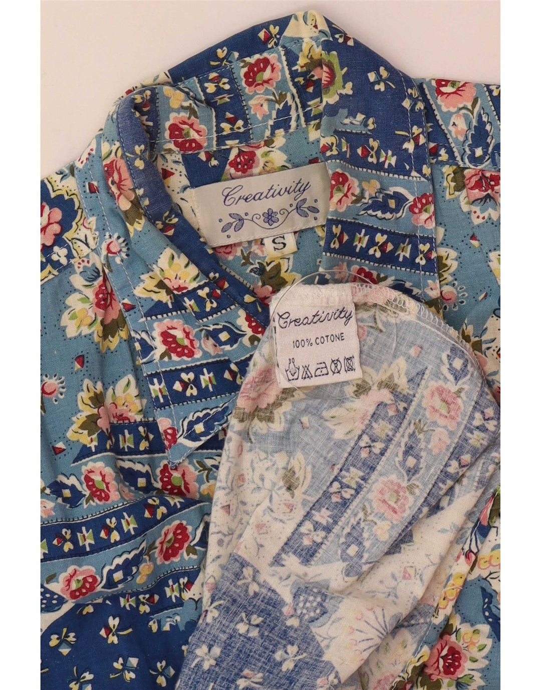 Creativity Womens Short Sleeve Shirt UK 10 Small Blue Patchwork Cotton