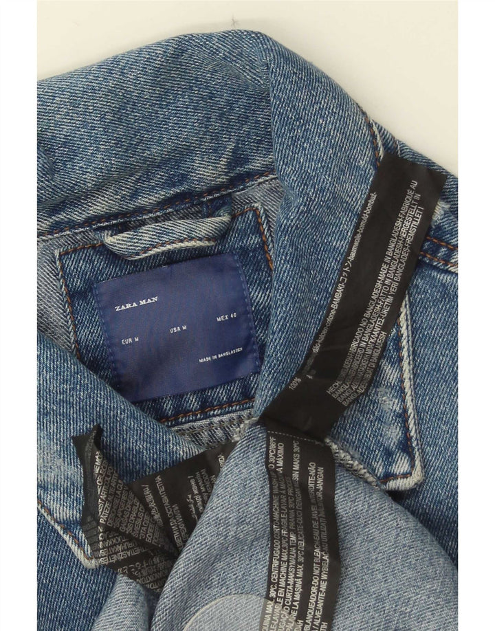 Zara Mens Distressed Denim Jacket UK 38 Medium Blue Cotton