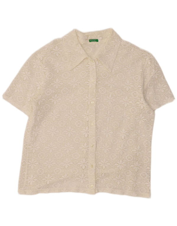 Benetton Womens Short Sleeve Lace Shirt Blouse UK 16 Large White Floral