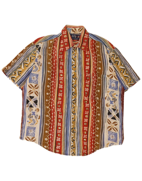 Vintage kortærmet herreskjorte Medium flerfarvet patchwork bomuld