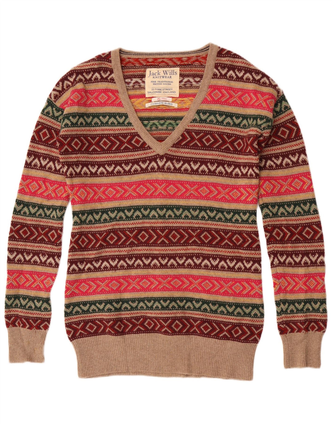 Sweter damski Jack Wills z dekoltem w kształcie litery V, UK 12, średni, wielokolorowy
