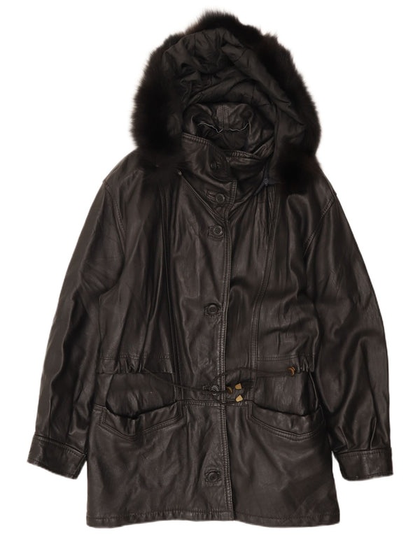Vintage Damen Kapuzen-Übergroßer Ledermantel IT 42 Medium Schwarz