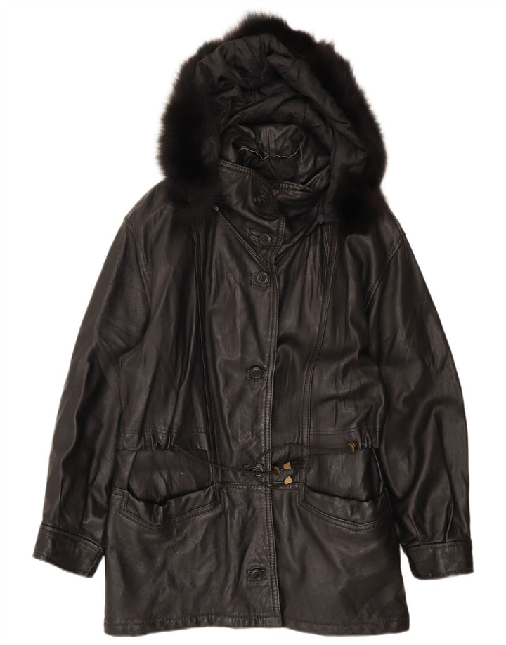Vintage Womens Hooded Oversized Leather Coat IT 42 Medium Black