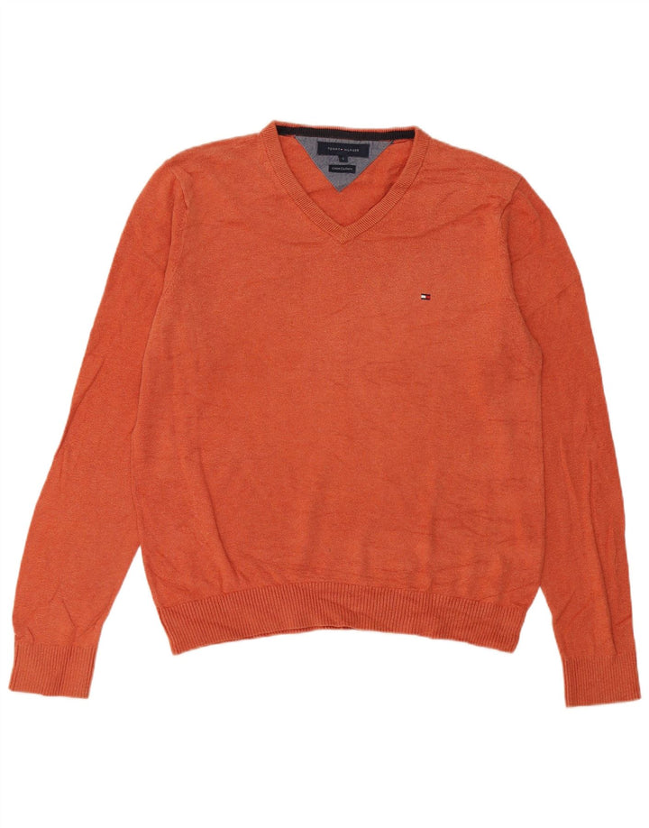 Tommy Hilfiger Mens V-Neck Jumper Sweater Small Orange Cotton