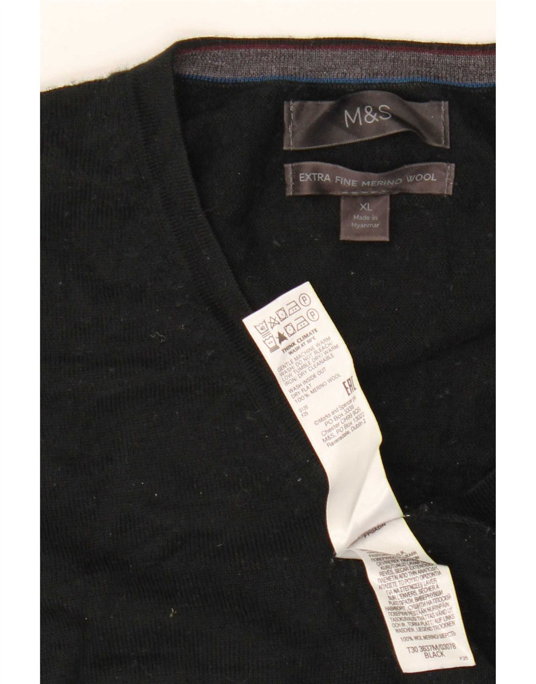 Marks & Spencer Mens V-Neck Jumper Sweater XL Black Merino Wool